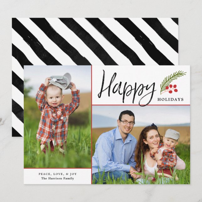 Modern Happy Holidays Two Photo White Holiday Card (Front/Back)