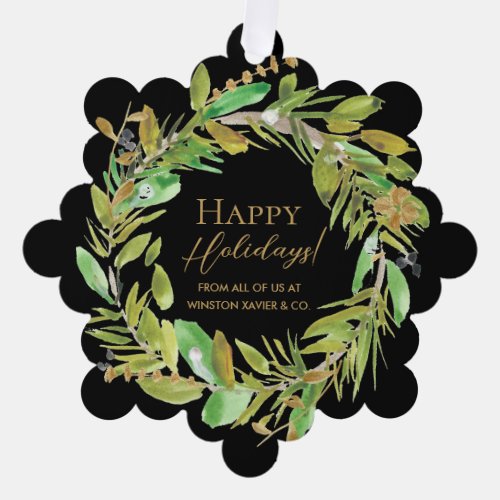 Modern Happy Holidays Wreath Corporate Custom Ornament Card