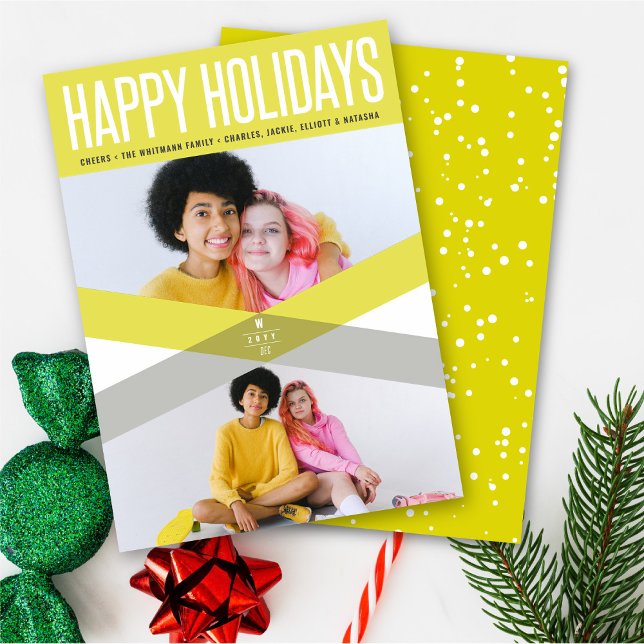 Modern Happy Holidays Yellow Double Arrows Photo Holiday Card (Creator Uploaded)
