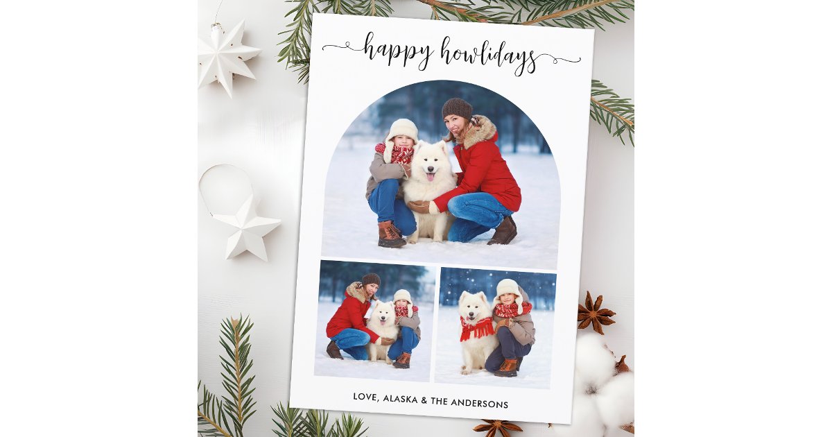 Modern Happy Howlidays Christmas Dog Arch 3 Photo Holiday Card | Zazzle