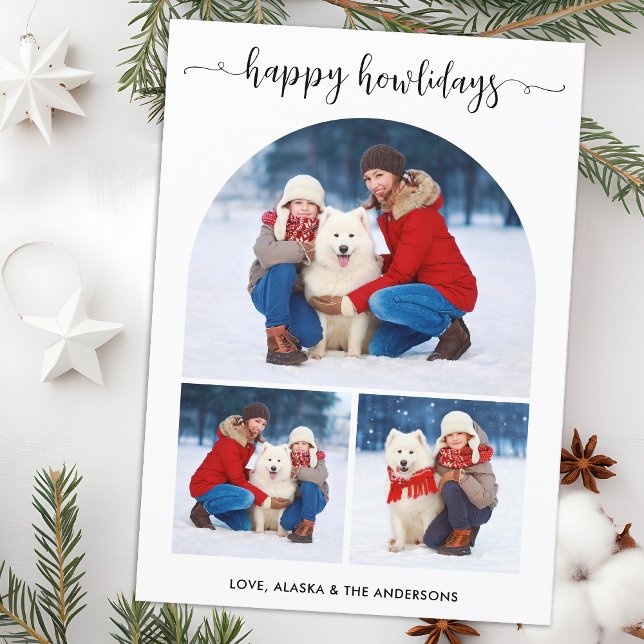 Modern Happy Howlidays Christmas Dog Arch 3 Photo Holiday Card (Creator Uploaded)