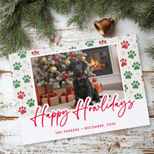 Modern Happy Howlidays Dog Paw Snowflake Christmas Letterpress Photo Cards