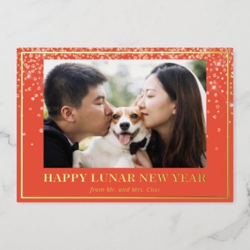 Modern Happy Lunar New Year Couple Photo Foil Holiday Card