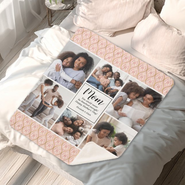 Modern Happy Mothers Day 6 photo collage Sherpa Blanket (a pretty pink 6 photo Mothers Day Blanket. Personalize it with a short message.)