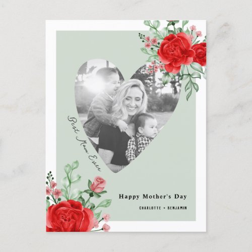 Modern Happy Mothers Day Floral Sage Custom Photo Holiday Postcard