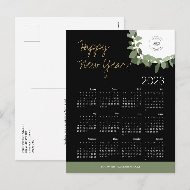 Modern Happy New Year 2023 Calendar Custom Logo Holiday Postcard (Front/Back)