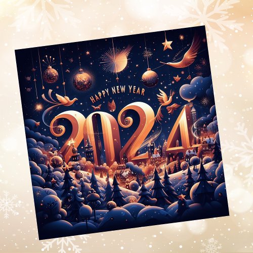 Modern Happy New Year 2024 Blue Holiday Card