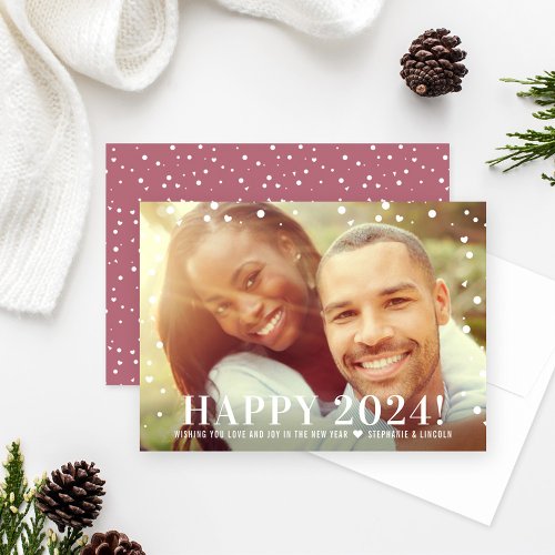 Modern Happy New Year 2024 Cassis Confetti Photo Holiday Card