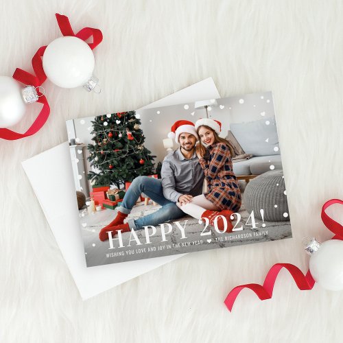 Modern Happy New Year 2024 Midnight Confetti Photo Holiday Card