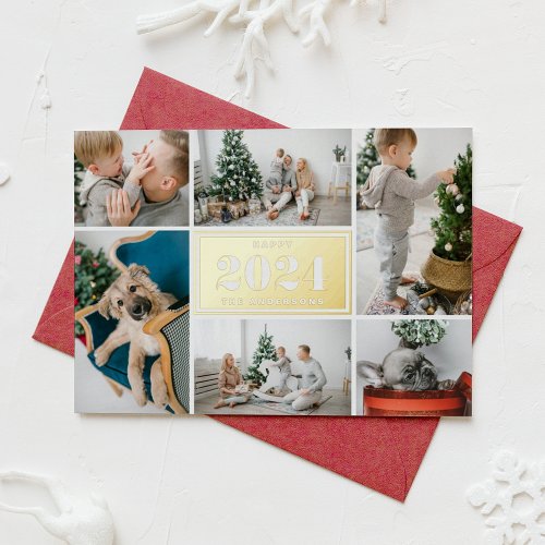 Modern Happy New Year 2024 Photo Collage Foil Holiday Card