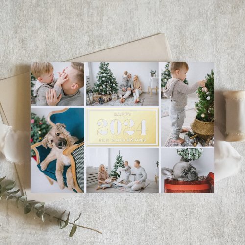 Modern Happy New Year 2024 Photo Collage Foil Holiday Card