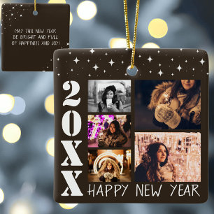 Modern Happy New Year 2026 5 Photo Collage Ceramic Ornament