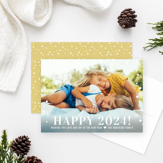 Modern Happy New Year 2026 Gold Confetti Photo Holiday Card (Creator Uploaded)