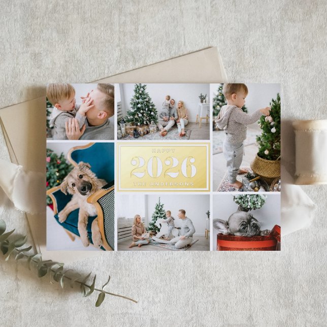 Modern Happy New Year 2026 Photo Collage Foil Holiday Card (Send 2026 new year cheer with this customizable gold foil photo collage Happy New Year Card. )