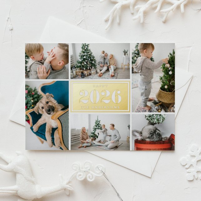 Modern Happy New Year 2026 Photo Collage Foil Holiday Card (Send 2026 new year cheer with this customizable gold foil photo collage Happy New Year Card. )