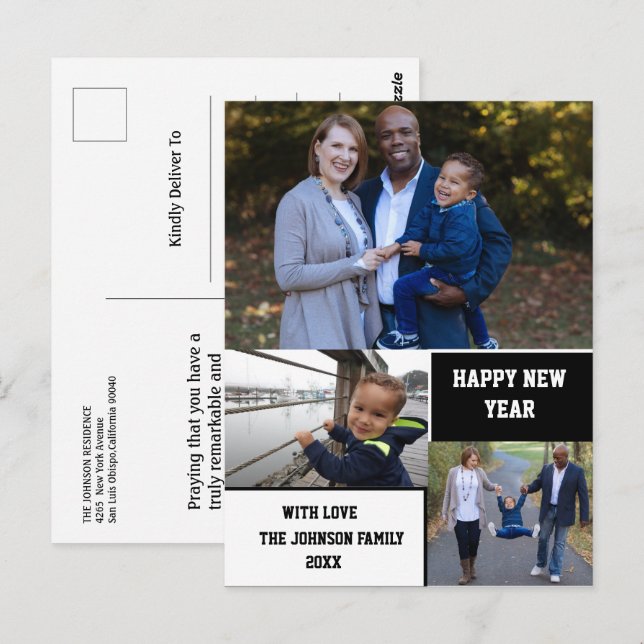 Modern Happy New Year 3 Photo Collage Postcard (Front/Back)