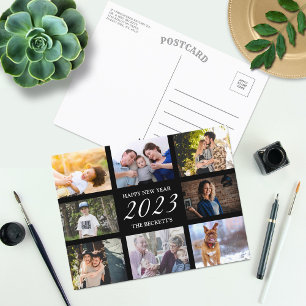 Modern Happy New Year 8 Photo Collage Holiday Postcard