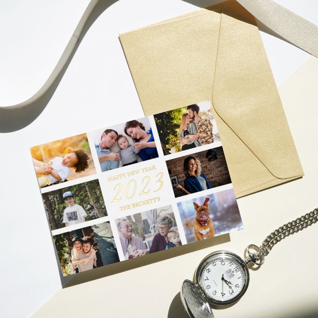 Modern Happy New Year 8 Photo Collage Real Foil Holiday Card (Creator Uploaded)