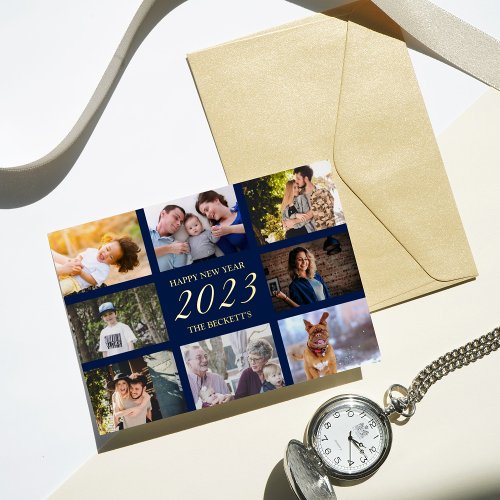 Modern Happy New Year 8 Photo Collage Real Foil Holiday Card
