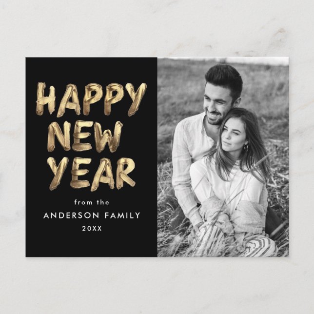 Modern Happy New Year Black and Gold 2 Photo Holiday Postcard (Front)