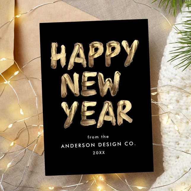 Modern Happy New Year Black and Gold Non-Photo Holiday Card (Creator Uploaded)