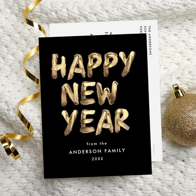 Modern Happy New Year Black and Gold Non-Photo Holiday Postcard (Creator Uploaded)
