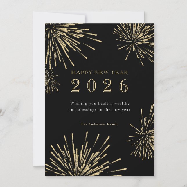 Modern Happy New Year Black Gold Holiday Card (Front)