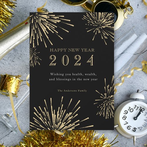 Modern Happy New Year Black Gold Holiday Card
