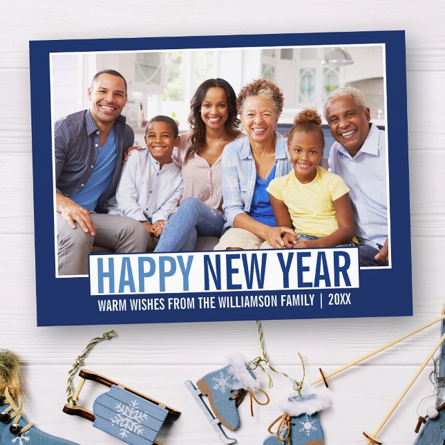 Modern Happy New Year Family Photo Blue Postcard (Customize to change your personalized text size or text style.)