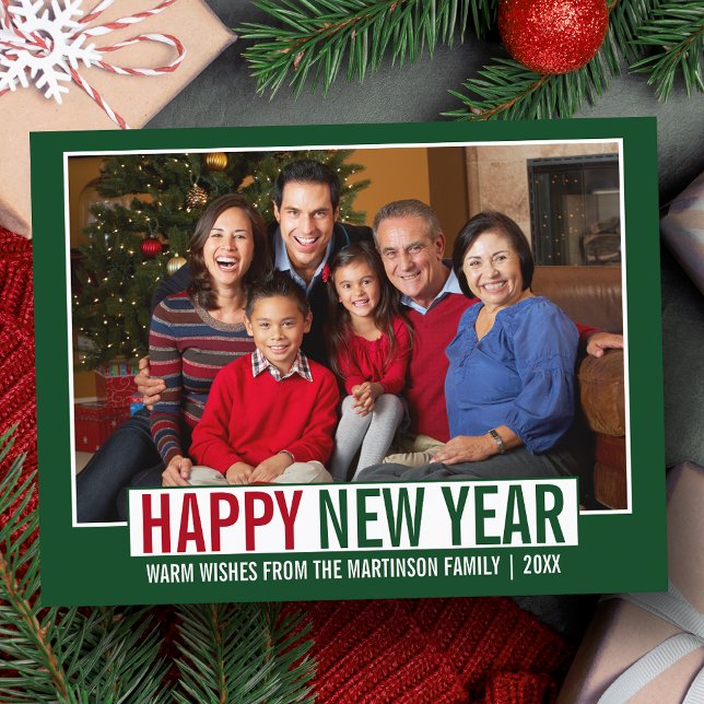 Modern Happy New Year Family Photo Green Postcard (Customize to change your personalized text size or text style.)