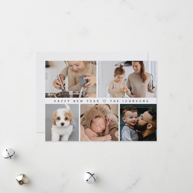 Modern Happy New Year Family Photo Grid Simple Holiday Card (Front/Back In Situ)