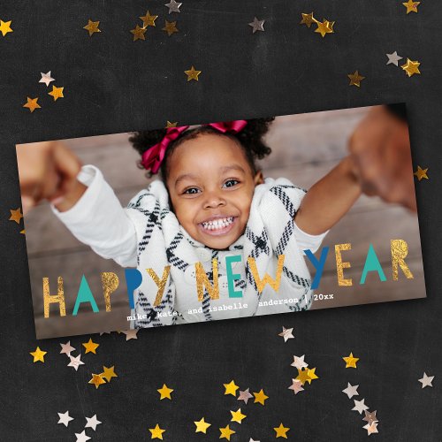 Modern Happy New Year Gold Faux Foil w Aqua Photo Holiday Card