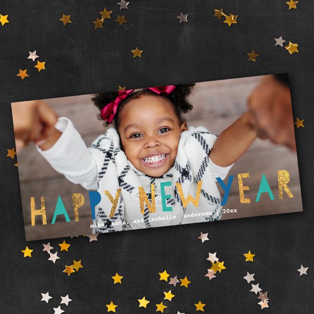 Modern Happy New Year Gold Faux Foil w/ Aqua Photo Holiday Card (Creator Uploaded)