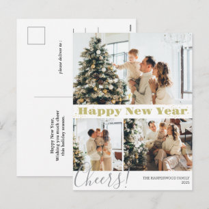Modern Happy New Year Gold Glitter 3 Photo Holiday Postcard