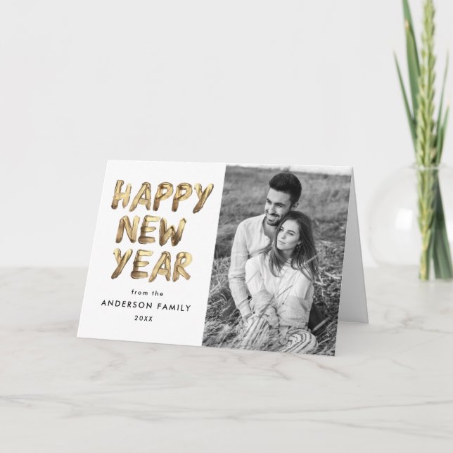 Modern Happy New Year Gold Lettered 2 Photo Holiday Card (Front)