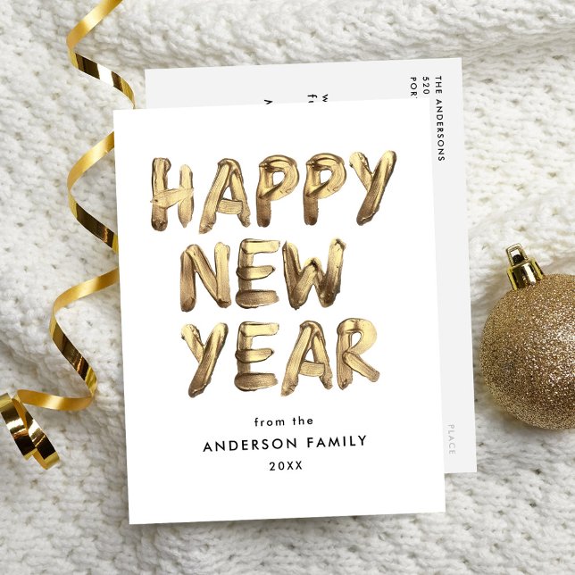 Modern Happy New Year Gold Lettered Non-Photo Holiday Postcard (Creator Uploaded)