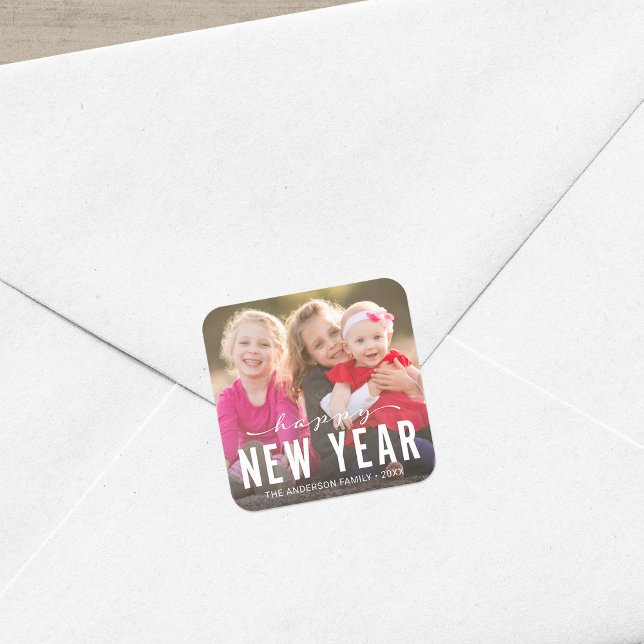 Modern Happy New Year Holiday Photo Square Sticker (Creator Uploaded)