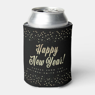 Modern Happy New Year Name Stars Black Can Cooler