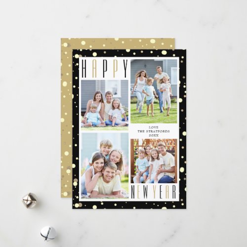 Modern HAPPY NEW YEAR Photo Collage Black Gold Holiday Card