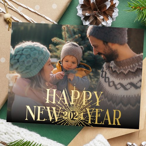 Modern Happy New Year Photo Gold Firework Foil Holiday Postcard