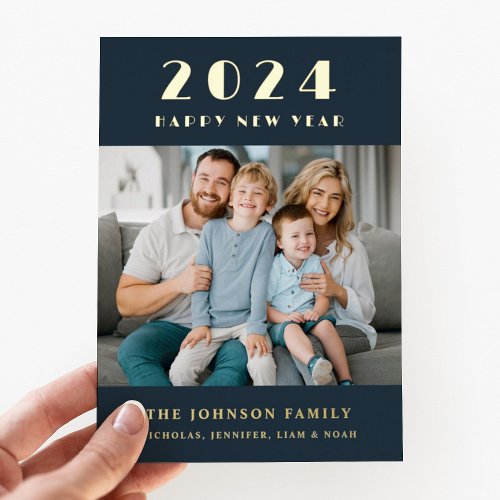 Modern Happy New Year Photo Gold Foil Holiday Card