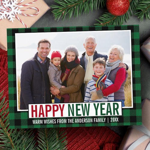 Modern Happy New Year Photo Green Plaid Postcard