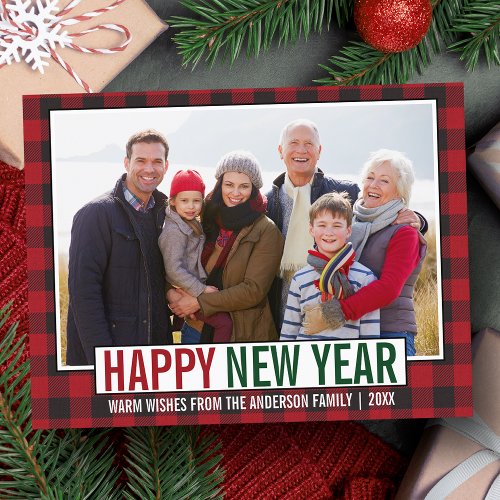 Modern Happy New Year Photo Red Plaid Postcard