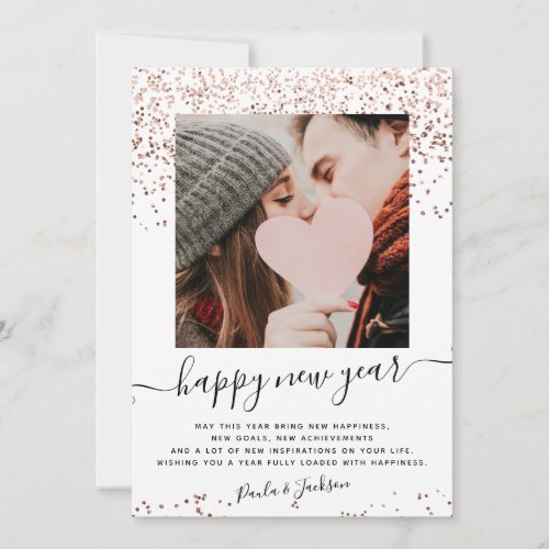 Modern happy New Year rose gold confetti photo Holiday Card