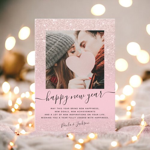 Modern happy New Year rose gold glitter pink photo Holiday Card