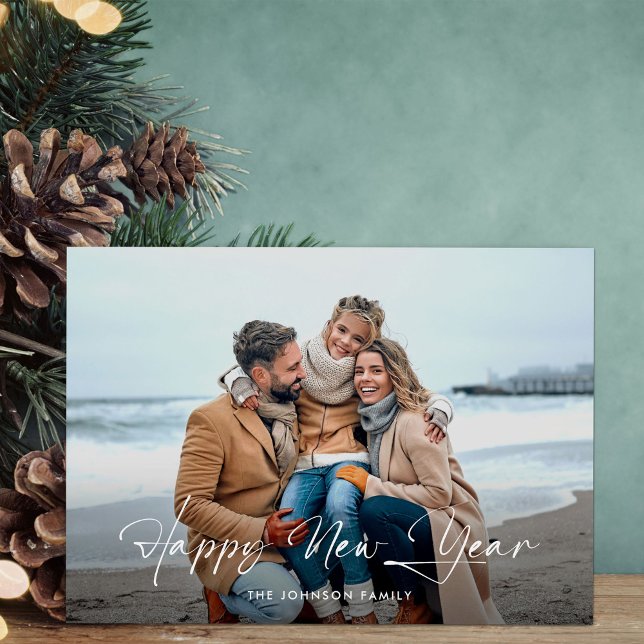 Modern Happy New Year Script Photo Holiday Card (Creator Uploaded)