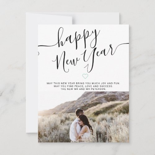 Modern happy New Year script photo mint green Holiday Card