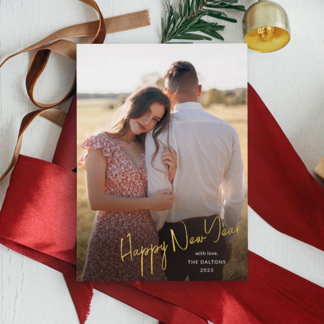 Modern Happy New Year Script Simple Photo Foil Holiday Card (Creator Uploaded)