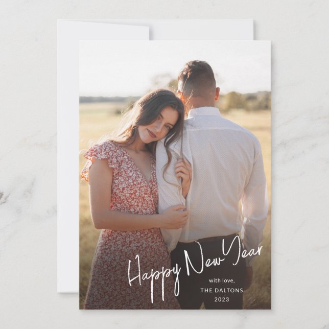Modern Happy New Year Simple Script Photo Holiday Card (Front)