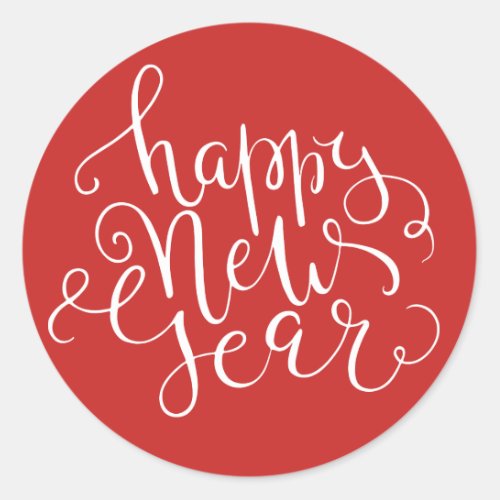 Modern Happy New Year White Script Custom Color Classic Round Sticker